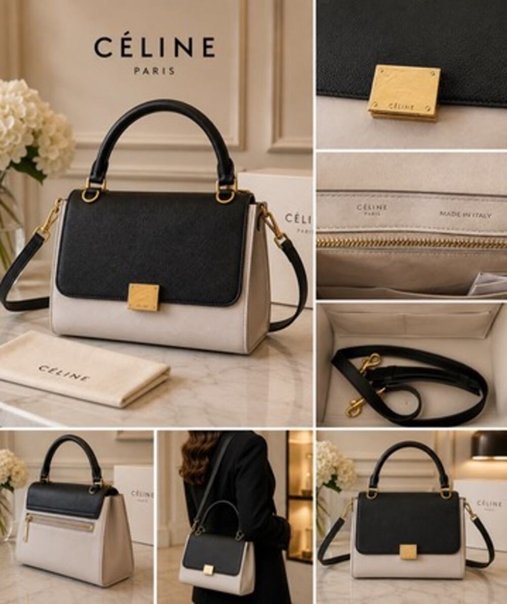 Celine Three-Color 3-Way Leather Bag*Black pink cream